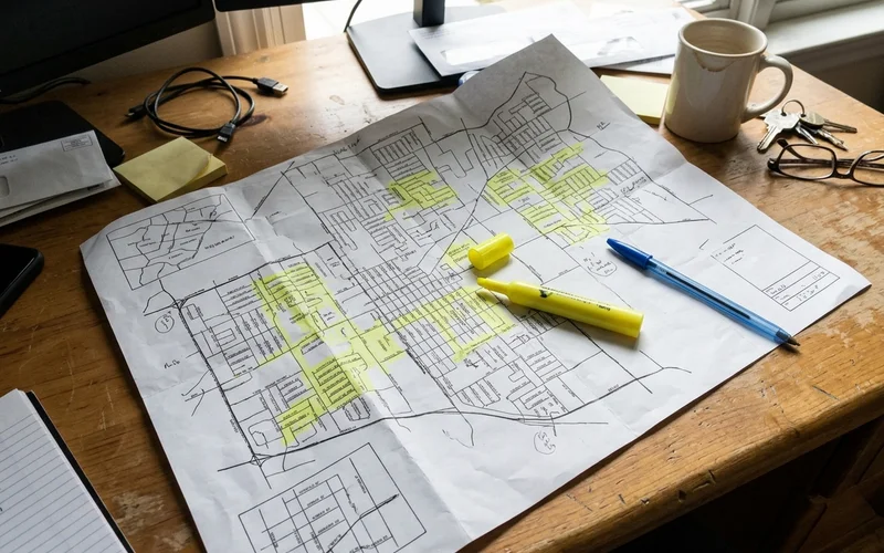 Printed carrier route map on a desk with a highlighter