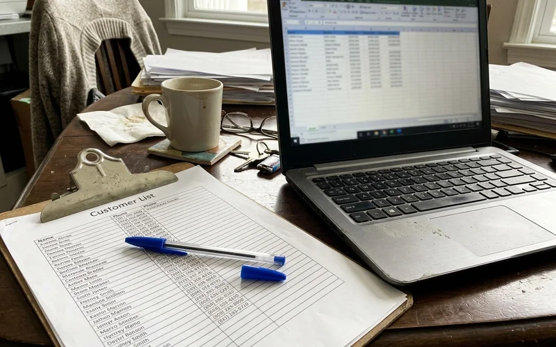 Printed customer list beside a laptop spreadsheet