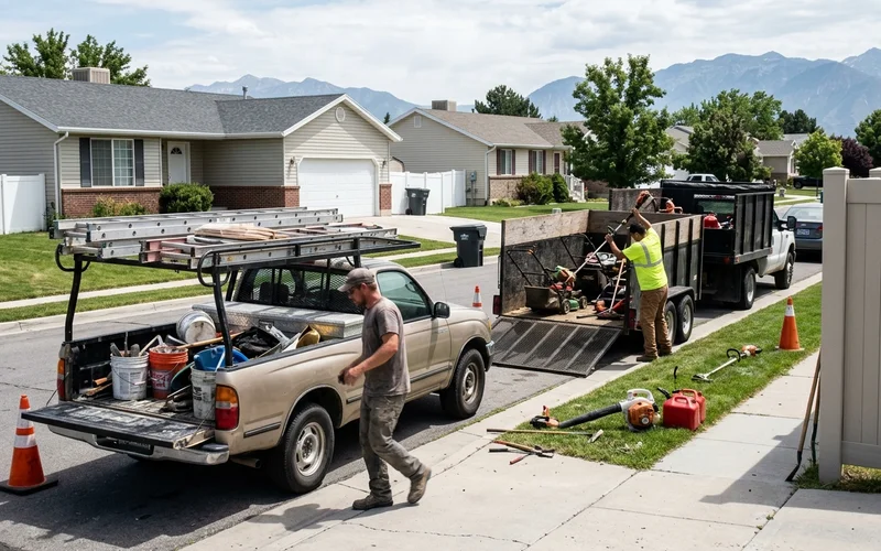 Trade trucks parked on a residential street