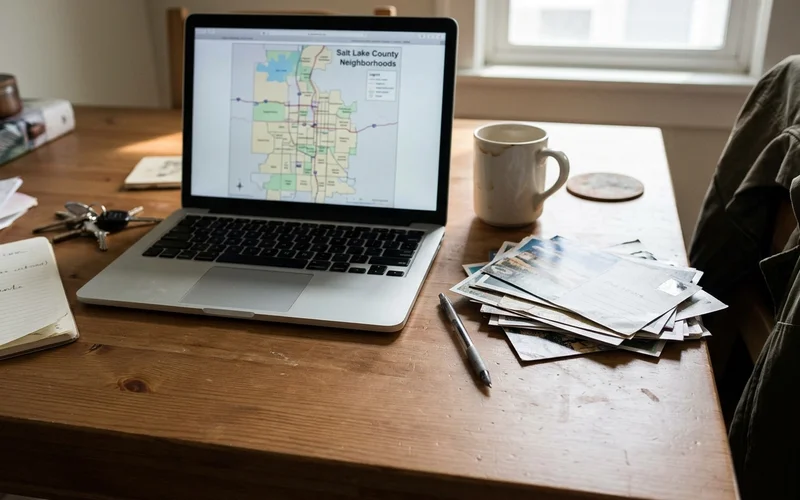 Route map on a laptop beside a stack of postcards
