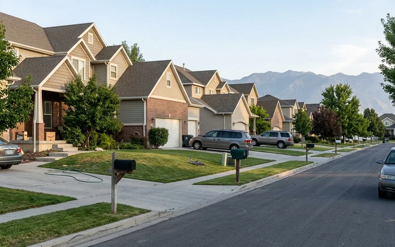 Row of single-family homes with mailboxes on a Draper street