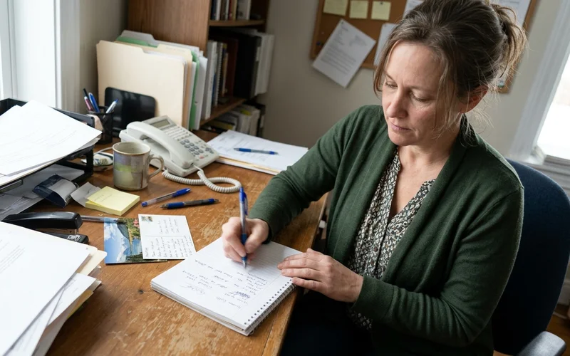 Owner logging calls in a notebook beside a postcard