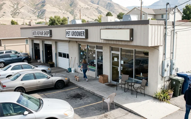 Strip of local businesses in a Utah suburb