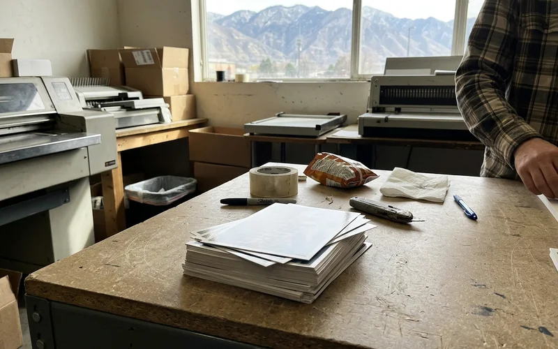 Stack of freshly printed oversized postcards on a print shop table