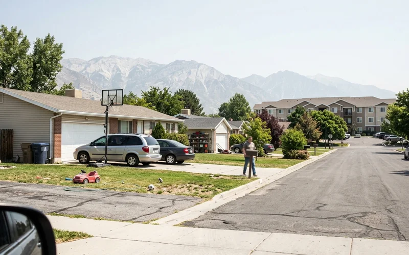Single-family homes with an apartment complex in the distance