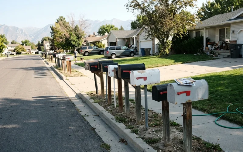 Suburban street with mailboxes lined up at the curb
