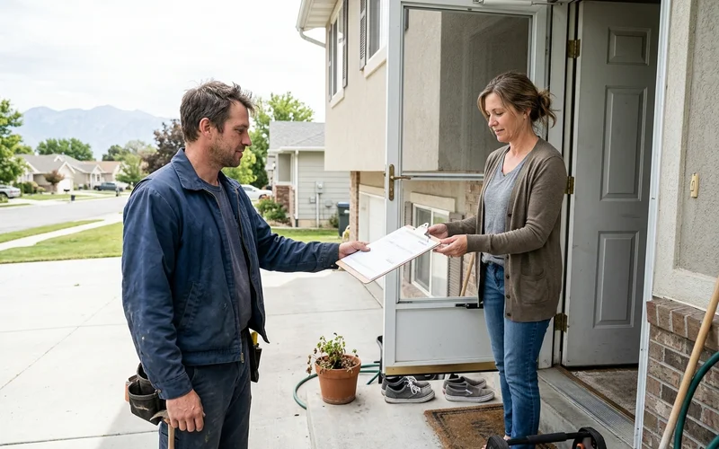 Technician handing an invoice to a homeowner after a job