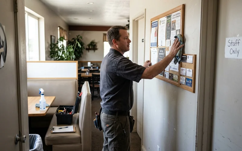 Technician maintaining a framed community board