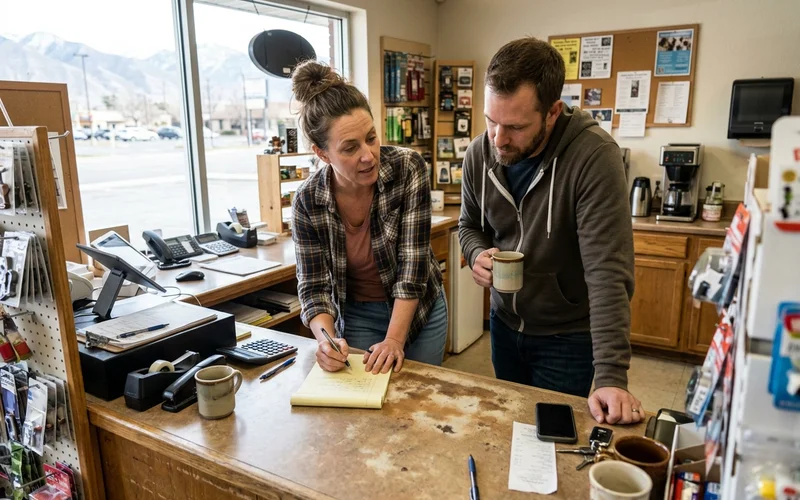 Two owners comparing notes at a shop counter