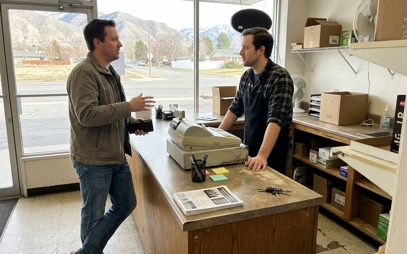 Two people talking calmly across a service counter