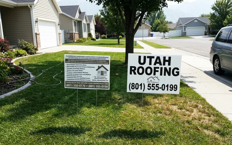 Crowded yard sign next to a clean, readable one