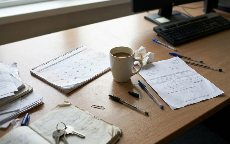Calendar and coffee beside a printed invoice on a desk