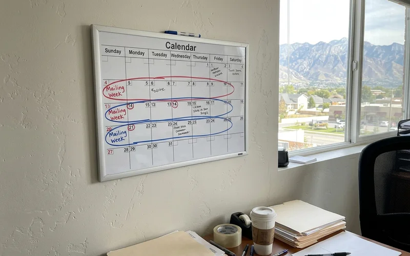 Wall calendar with mailing weeks circled
