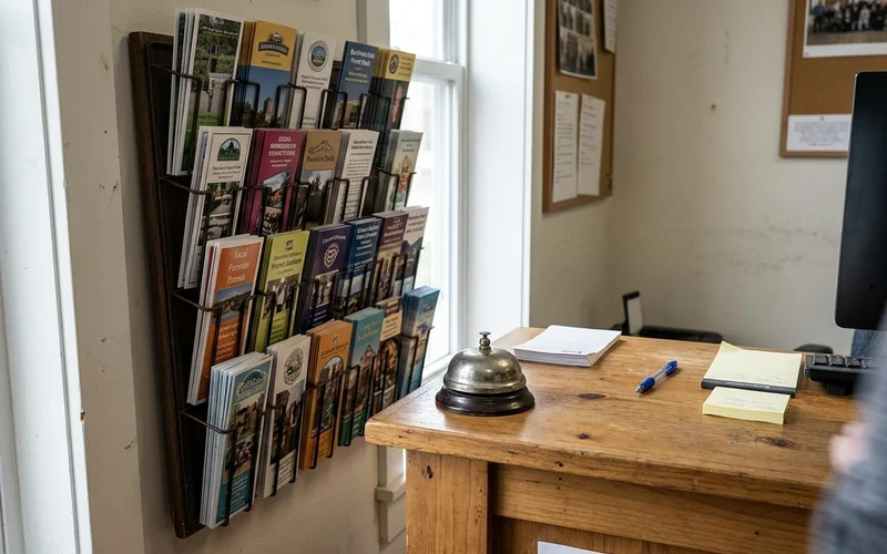 Rack of printed cards near a business front desk