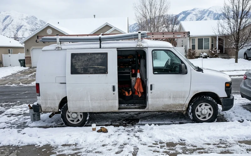 Work van with a magnetic sign on a snowy Utah street