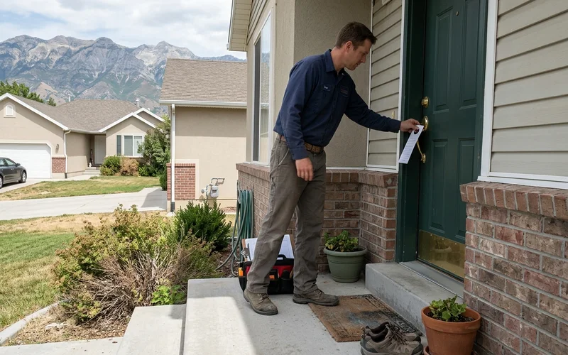 Worker hanging a door hanger after a job