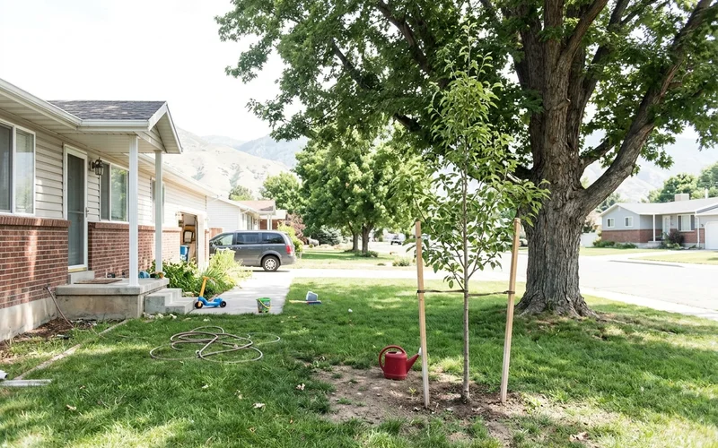 Young tree next to a mature tree, showing growth over time