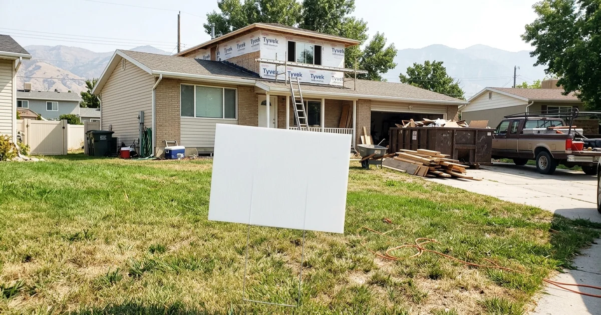 Blank job-site yard sign in the front lawn of a home under renovation