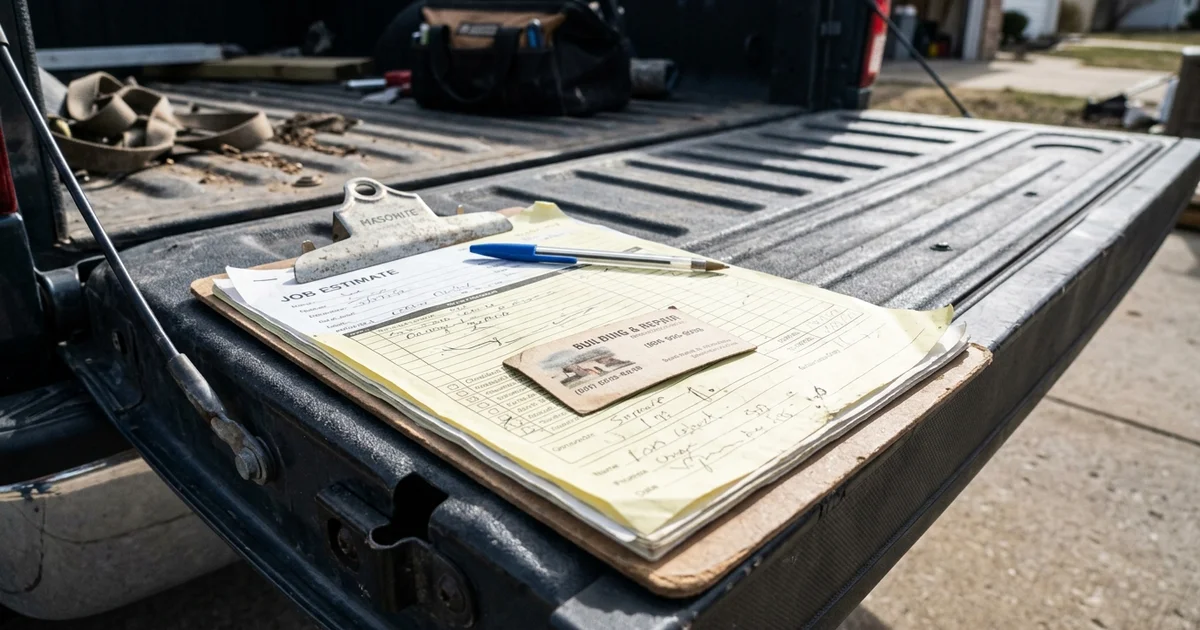 Business card on a clipboard with a job estimate form