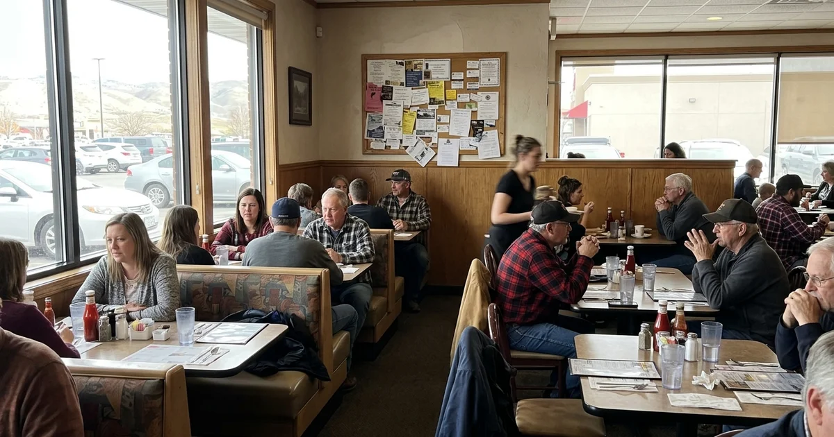 Busy lunch crowd at a family restaurant with a community ad board on the wall