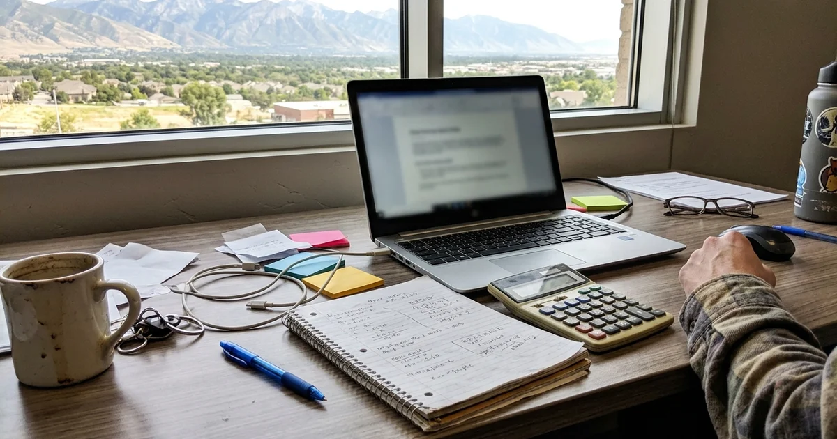 Calculator and notepad beside a laptop on an office desk