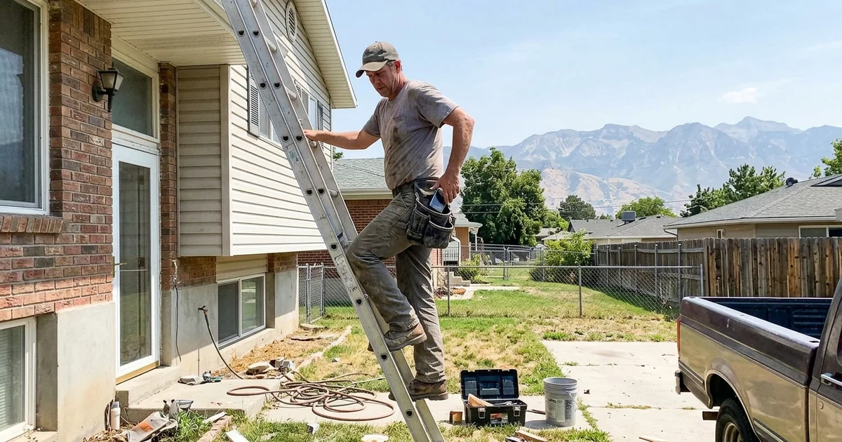 Contractor on a ladder with a phone ringing in a back pocket