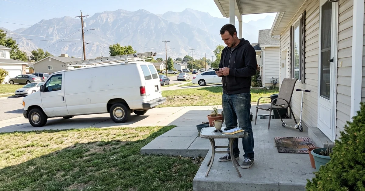 Customer on a porch tapping a phone after a service visit
