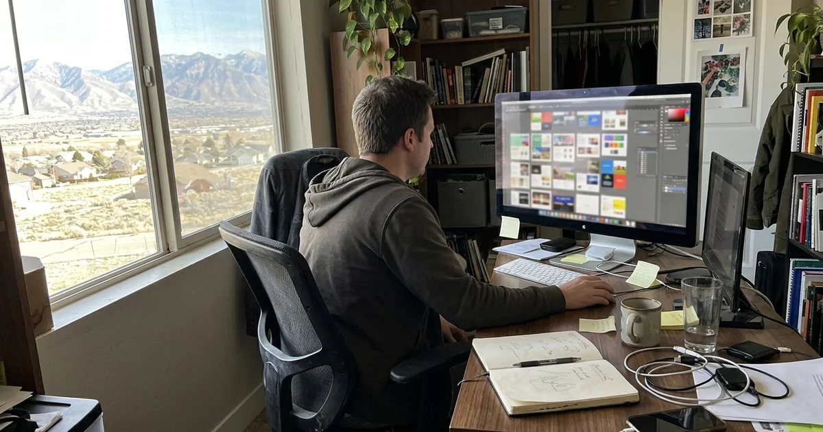Designer laying out business ads on a monitor in a home office