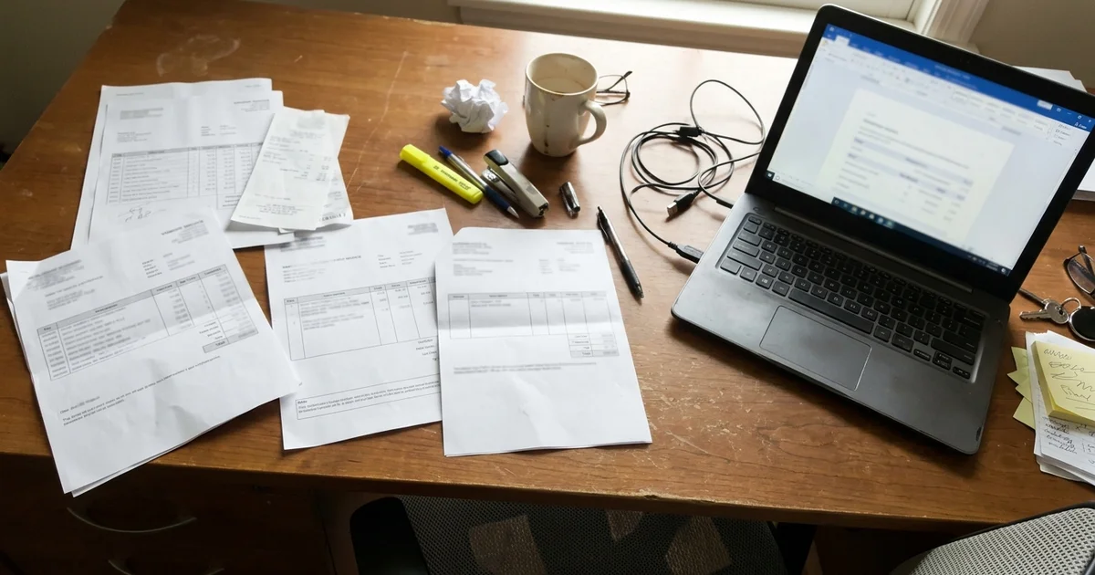 Desk with several separate invoices next to a laptop