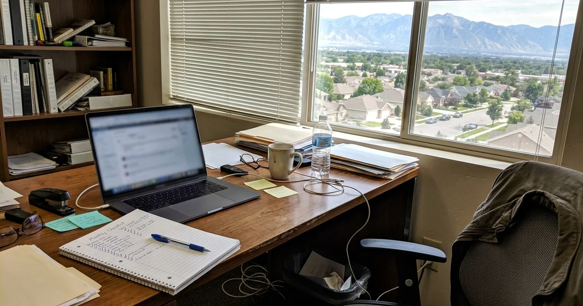 Desk with a laptop and a handwritten checklist in a small office