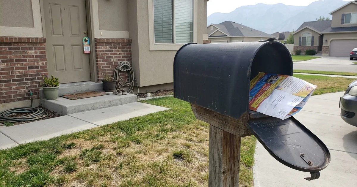 Door hanger on a doorknob beside a postcard in an open mailbox
