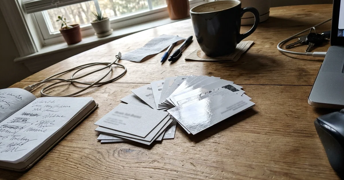 Fanned stack of matte and glossy business cards on a wooden desk