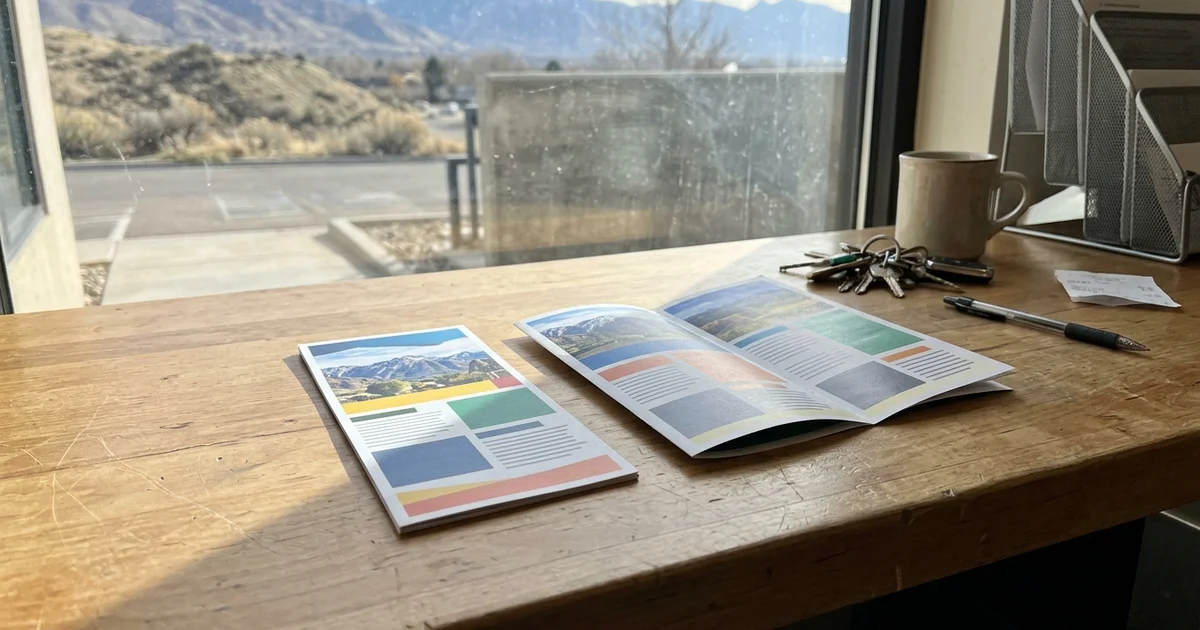 Flyer, rack card and folded brochure side by side on a counter