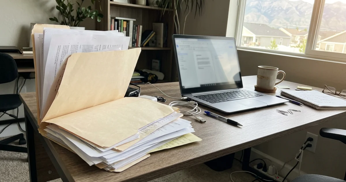 Folder of business documents beside a laptop