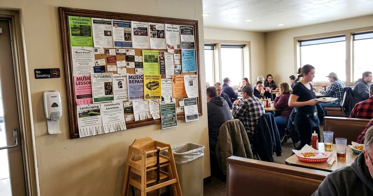 Framed advertising board with local business ads inside a busy restaurant