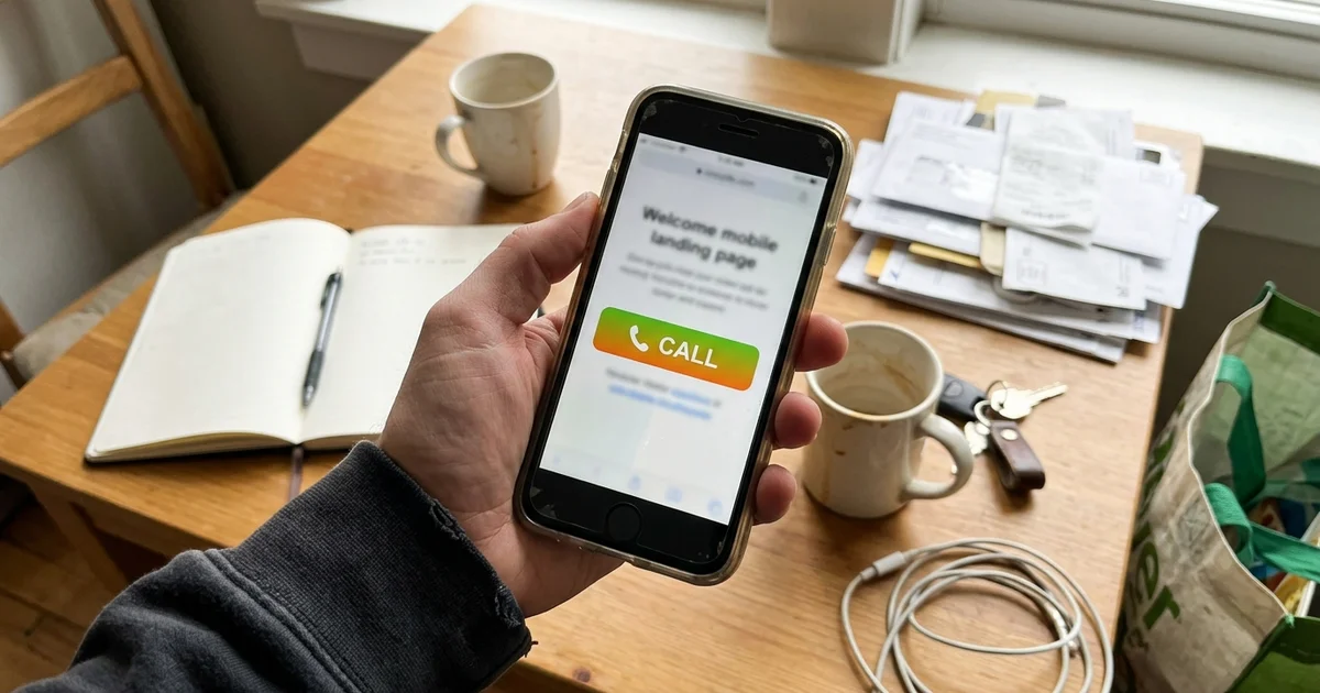 Phone showing a simple landing page with a big call button