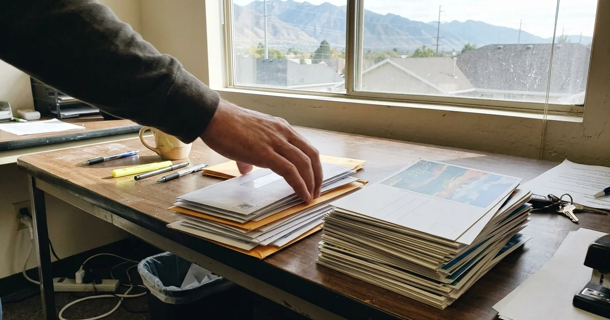 Addressed envelopes next to a stack of unaddressed postcards