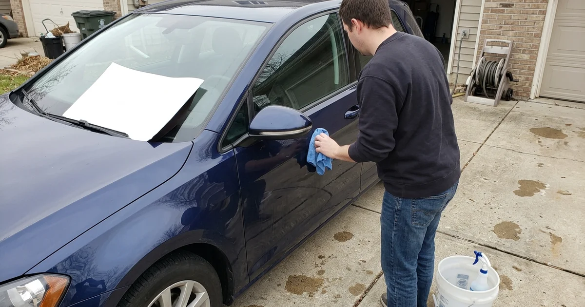Hand wiping a car door before placing a magnetic sign