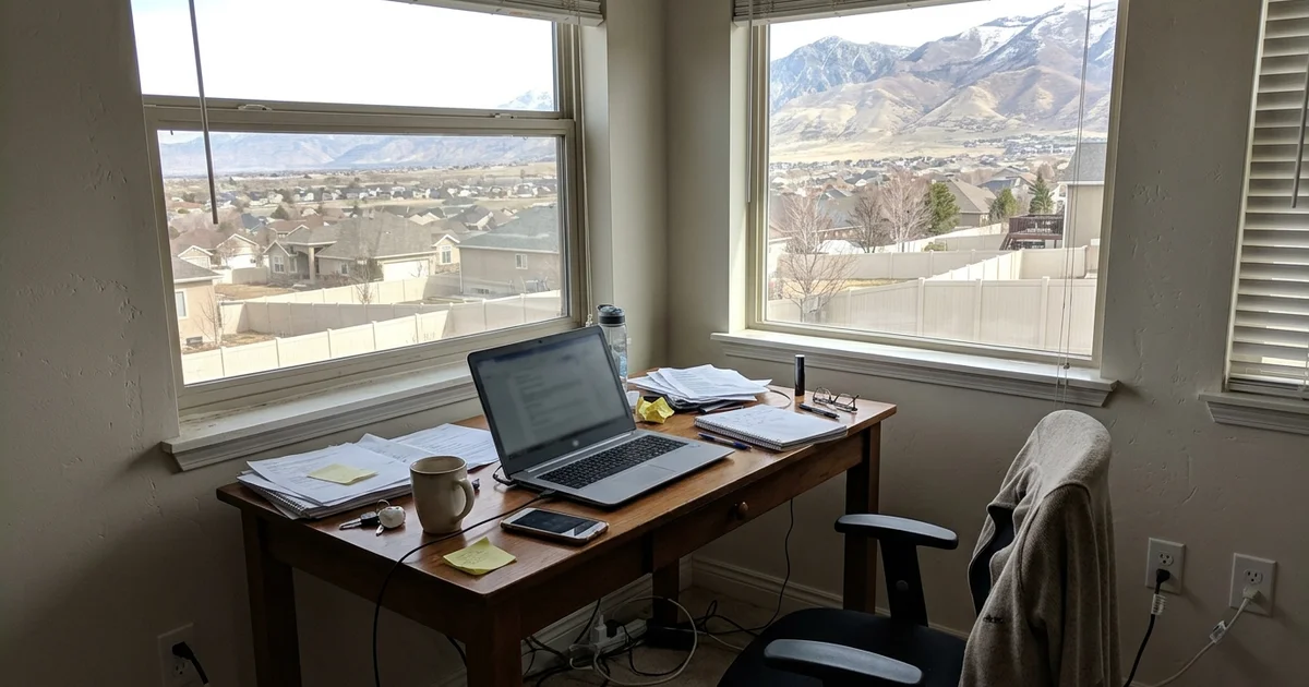 Home office desk with a laptop and phone by a window
