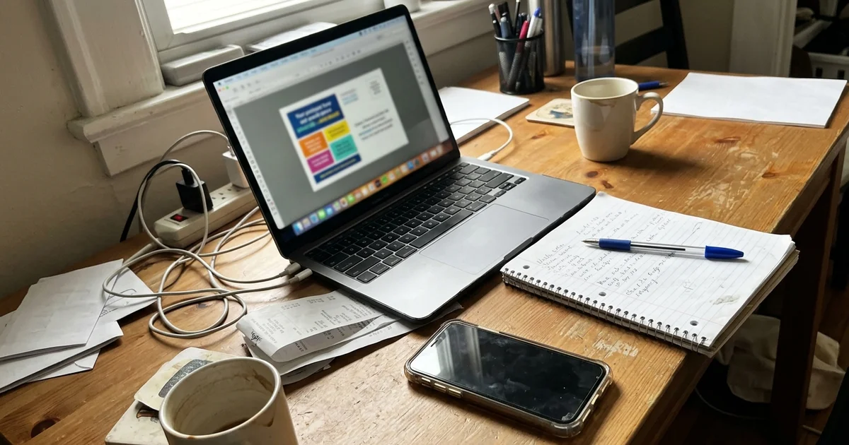 Laptop showing a postcard proof beside a phone and notepad