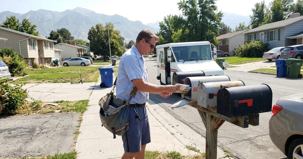 Mail carrier placing postcards into a row of curbside mailboxes