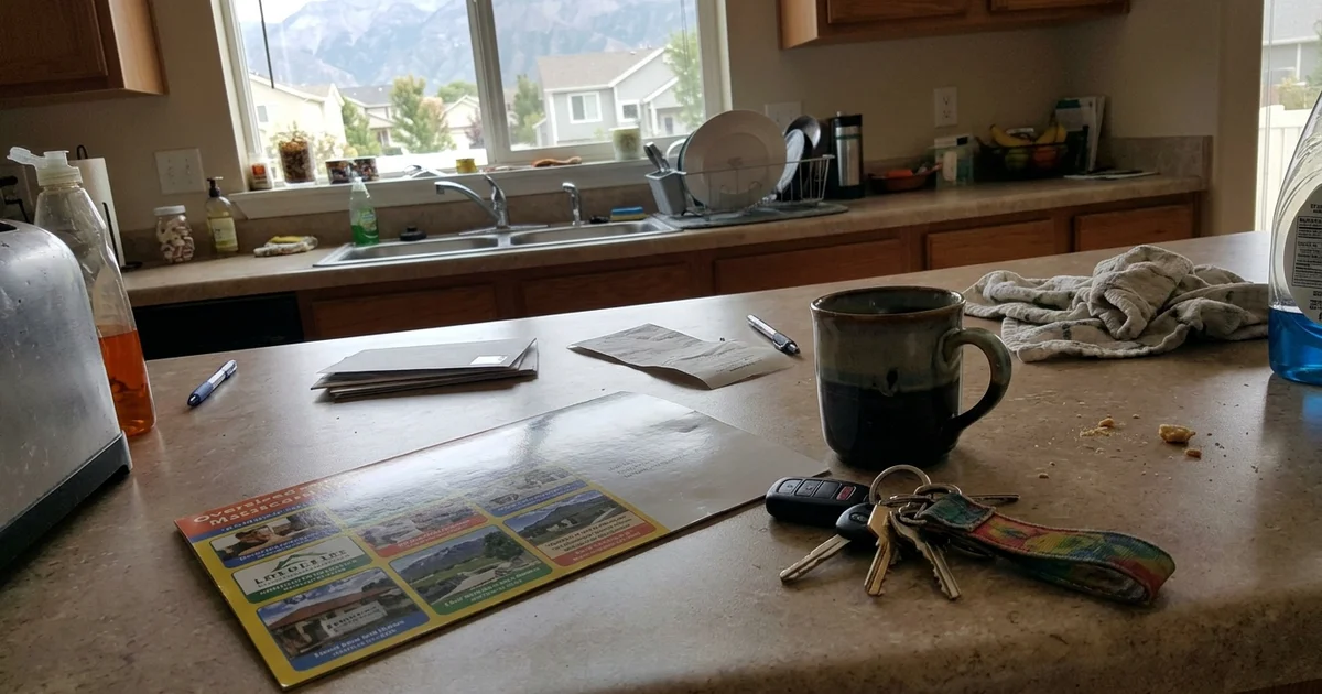 Oversized shared postcard on a kitchen counter next to keys and a coffee mug