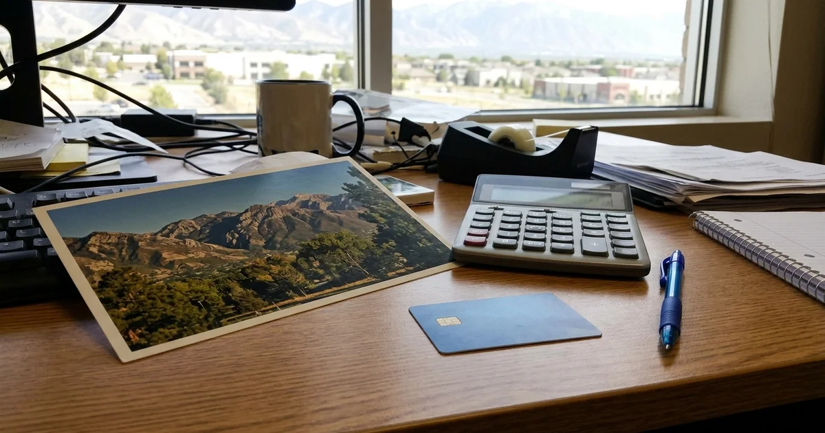Oversized postcard on a desk next to a calculator and a credit card