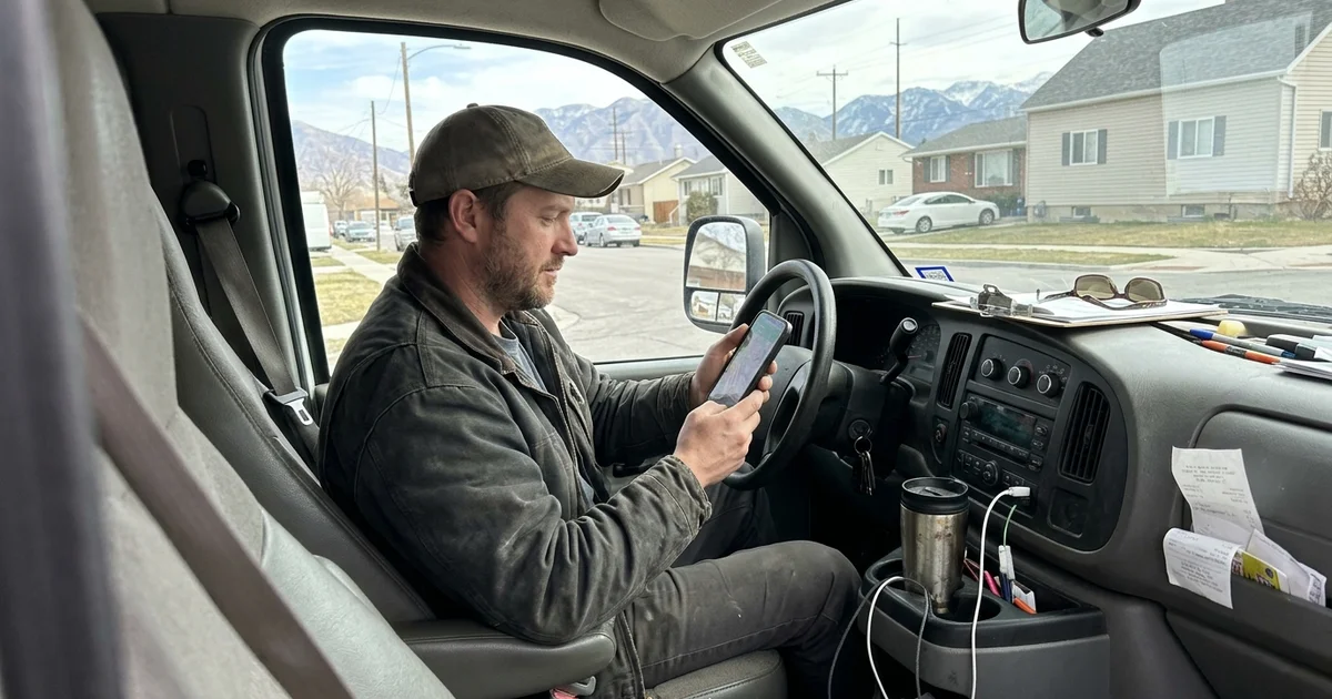Owner checking a map app on a phone inside a work van