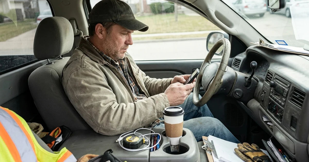 Owner checking customer messages on a phone in a work truck cab