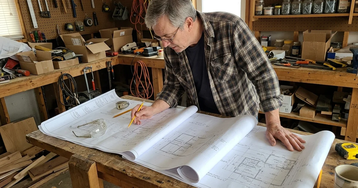 Owner comparing printed plan sheets on a workbench