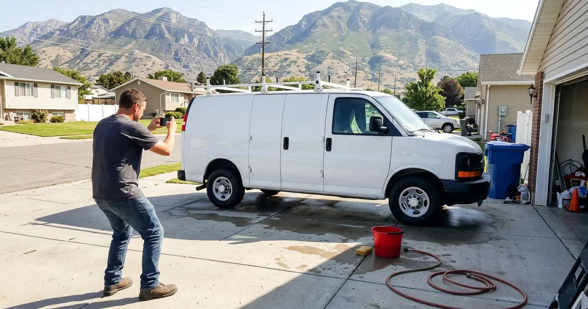 Owner photographing a work van for a business profile