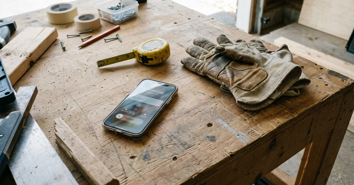 Phone on a workbench showing a missed call notification
