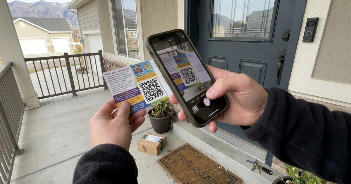 Phone held over a postcard QR code at a front door