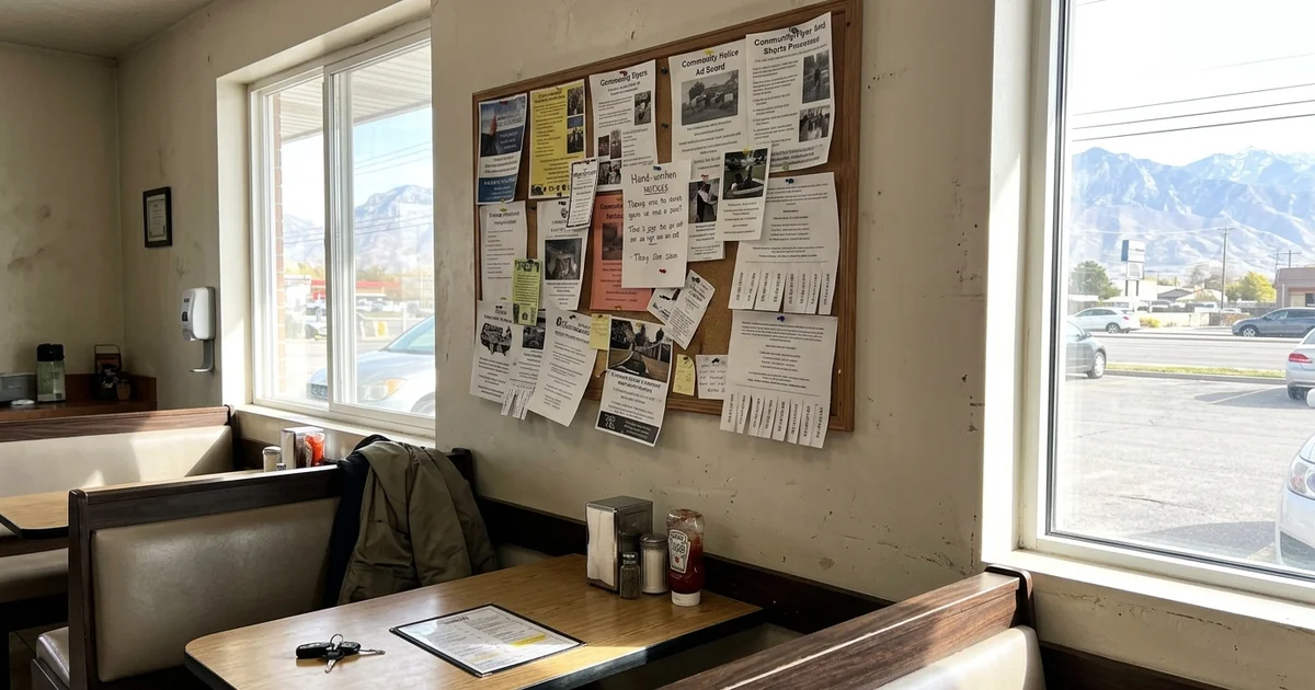 Printed ad board on a restaurant wall beside a window